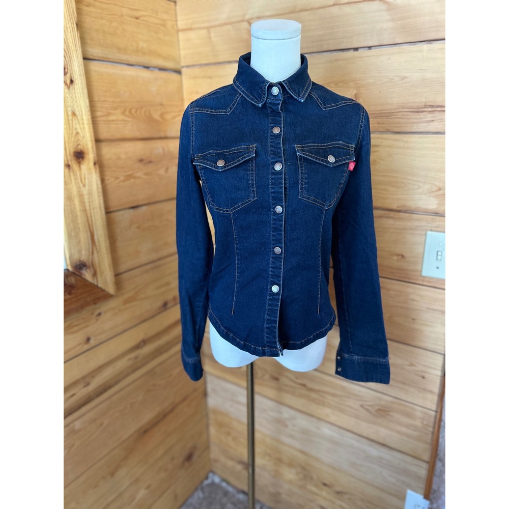 Vintage Denim Jacket Womens Small Dark Wash Trucker Hot Kiss Y2K Western Cowgirl